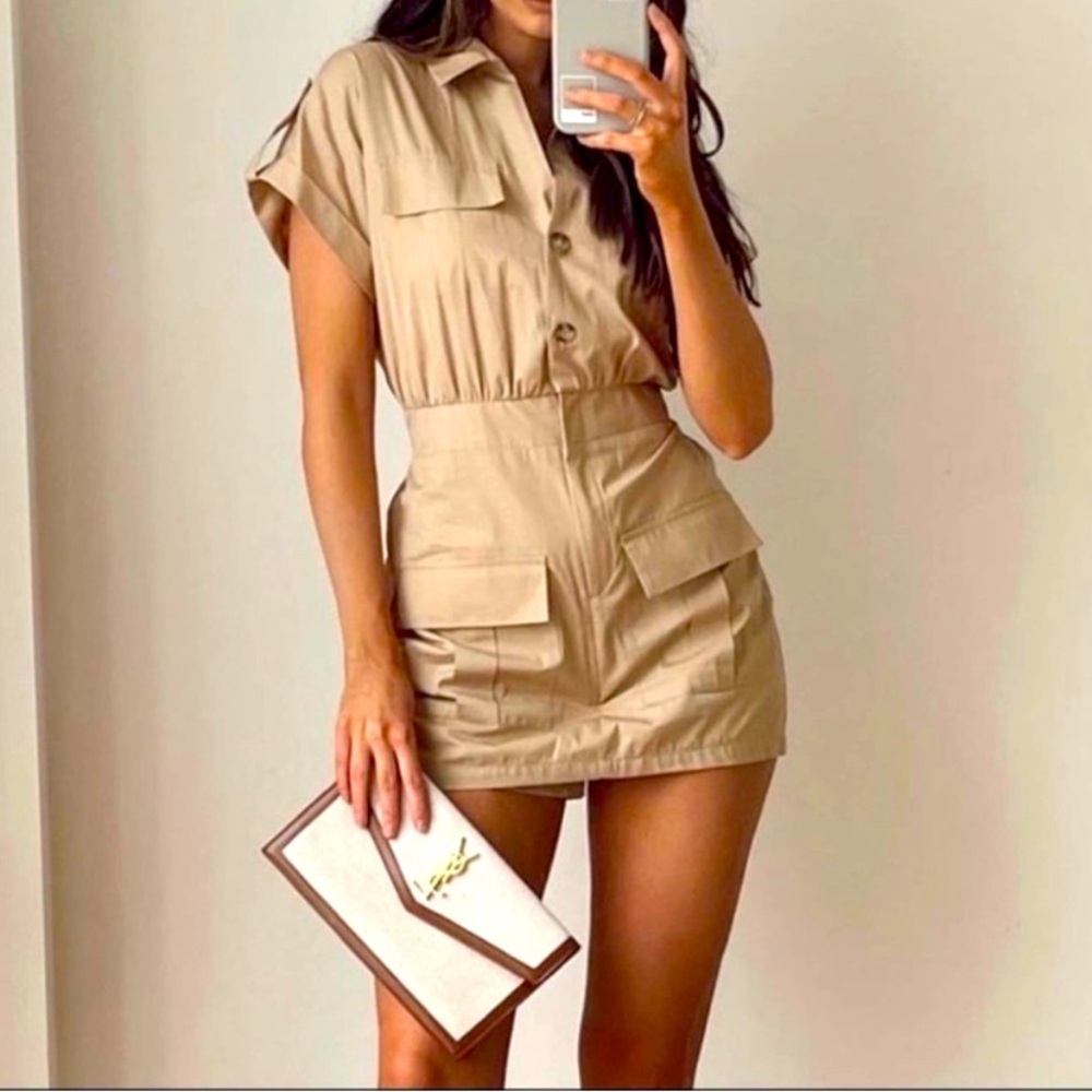 ZARA POPLIN CARGO JUMPSUIT TAUPE BROWN XL